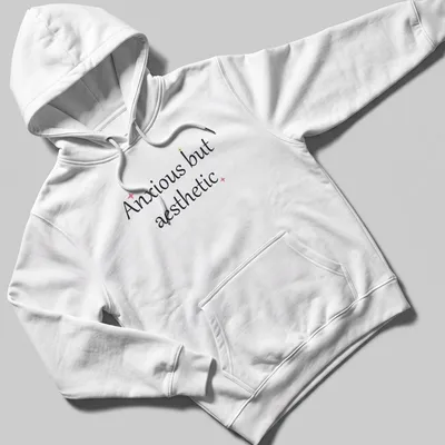 Cute mental health quote in cursive: Anxious but aesthetic, in black, pink, and gold. — printed on a unisex hoodie