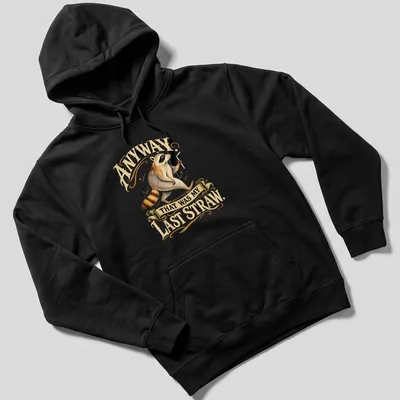Vintage illustration of a raccoon with the text 'Anyway. That Was My Last Straw.' in warm colors. — printed on a unisex hoodie