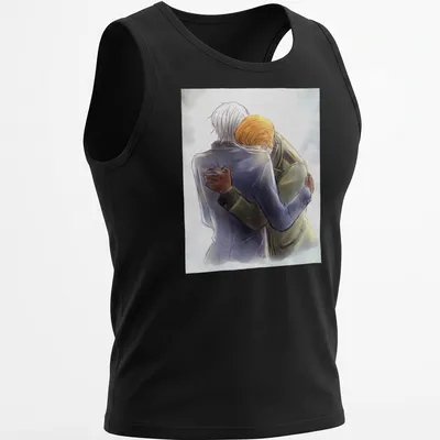 Two characters embracing in soft watercolor featuring light gray and pastel colors — printed on a tank top