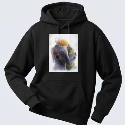 Two characters embracing in soft watercolor featuring light gray and pastel colors — printed on a unisex hoodie