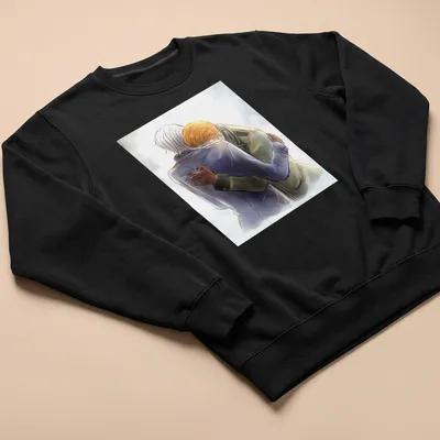 Two characters embracing in soft watercolor featuring light gray and pastel colors — printed on a unisex sweatshirt