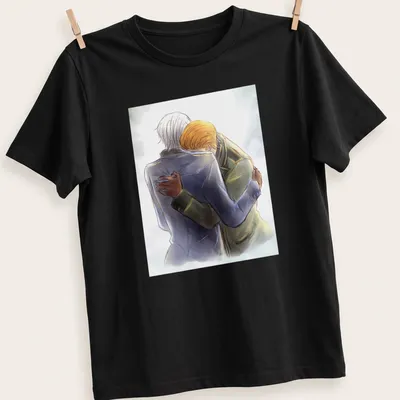 Two characters embracing in soft watercolor featuring light gray and pastel colors