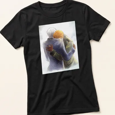 Two characters embracing in soft watercolor featuring light gray and pastel colors — printed on a women's shirt