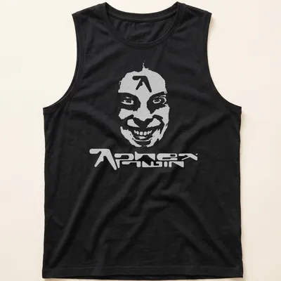 Distressed Aphex Twin T-shirt featuring a stylized face in gray and white — printed on a tank top