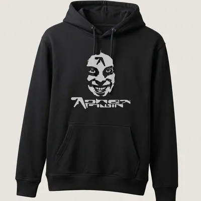 Distressed Aphex Twin T-shirt featuring a stylized face in gray and white — printed on a unisex hoodie