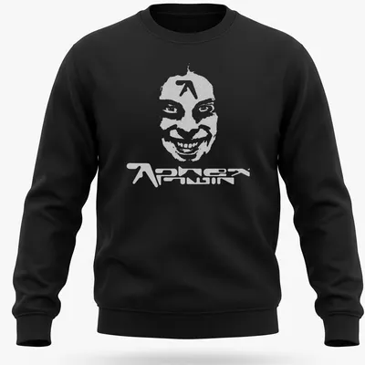 Distressed Aphex Twin T-shirt featuring a stylized face in gray and white — printed on a unisex sweatshirt
