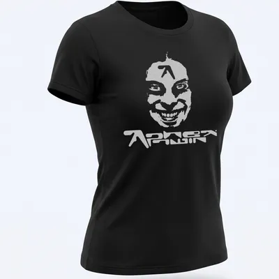 Distressed Aphex Twin T-shirt featuring a stylized face in gray and white — printed on a women's shirt