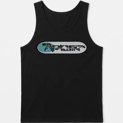 Black and white Aphex Twin logo t-shirt with teal accents — printed on a tank top