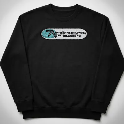 Black and white Aphex Twin logo t-shirt with teal accents — printed on a unisex sweatshirt