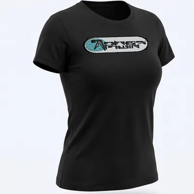 Black and white Aphex Twin logo t-shirt with teal accents — printed on a women's shirt
