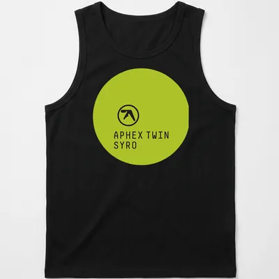 Minimalist Aphex Twin Syro logo in lime green on black fabric — printed on a tank top