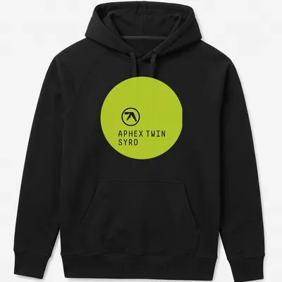 Minimalist Aphex Twin Syro logo in lime green on black fabric — printed on a unisex hoodie