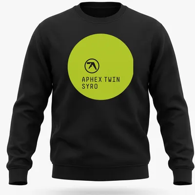 Minimalist Aphex Twin Syro logo in lime green on black fabric — printed on a unisex sweatshirt
