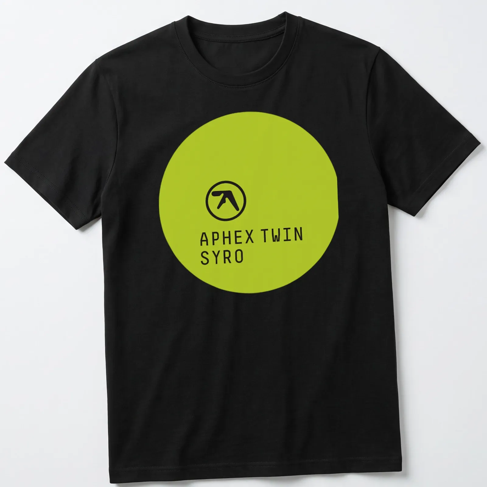 Minimalist Aphex Twin Syro logo in lime green on black fabric — printed on a unisex t-shirt