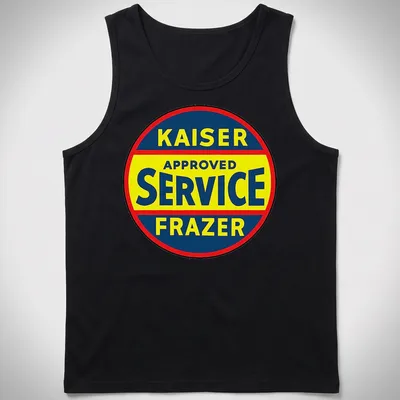Vintage circular Kaiser Frazer service sign t-shirt in blue, yellow, and red. — printed on a tank top
