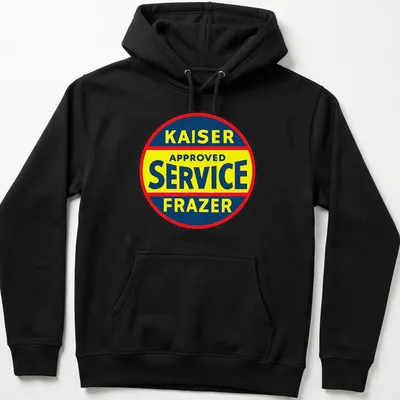 Vintage circular Kaiser Frazer service sign t-shirt in blue, yellow, and red. — printed on a unisex hoodie