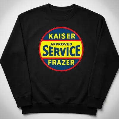 Vintage circular Kaiser Frazer service sign t-shirt in blue, yellow, and red. — printed on a unisex sweatshirt