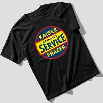 Vintage circular Kaiser Frazer service sign t-shirt in blue, yellow, and red. — printed on a unisex t-shirt