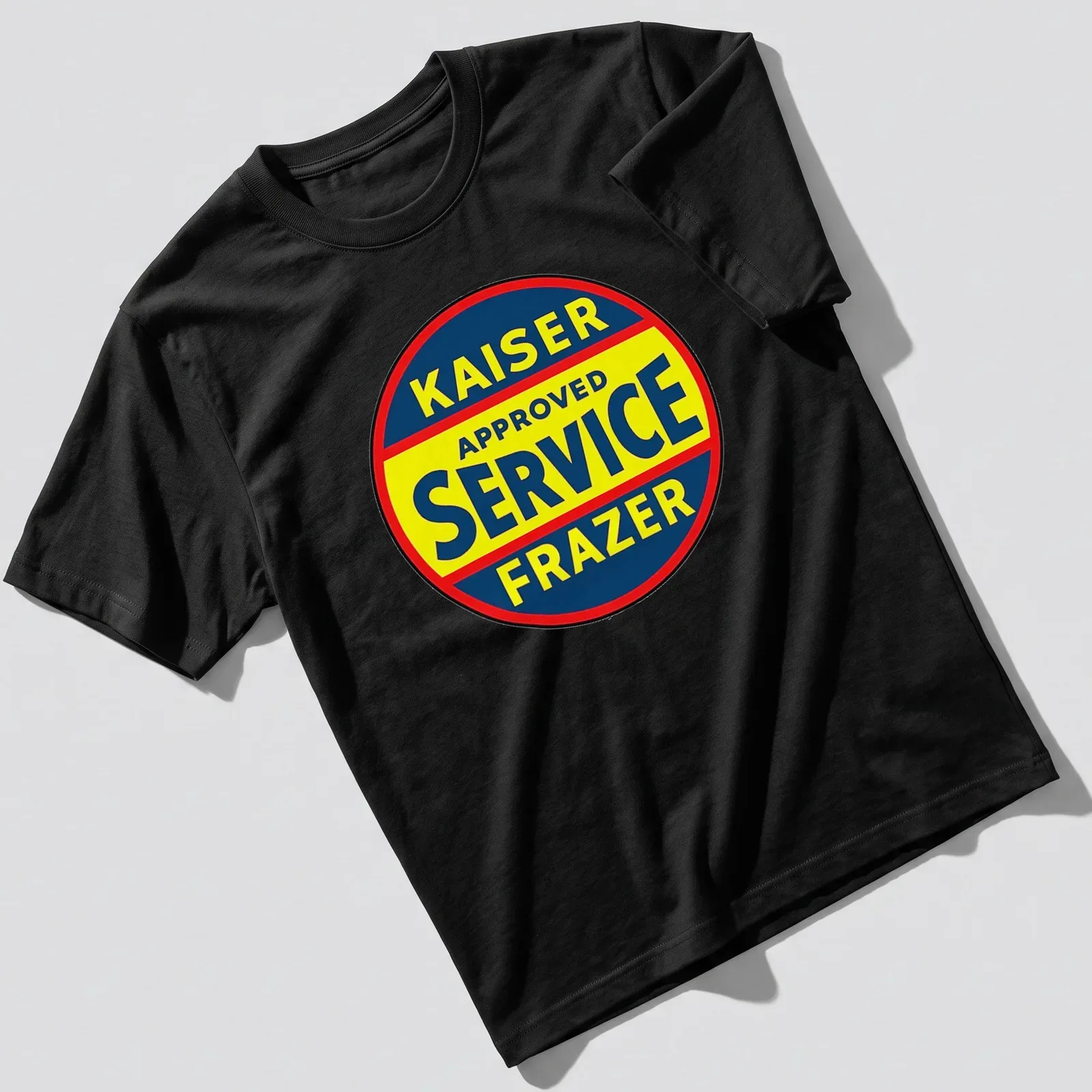 Vintage circular Kaiser Frazer service sign t-shirt in blue, yellow, and red. — printed on a unisex t-shirt