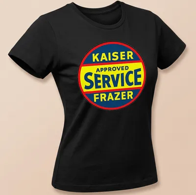 Vintage circular Kaiser Frazer service sign t-shirt in blue, yellow, and red. — printed on a women's shirt