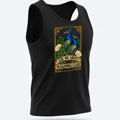 Vibrant peacock design with the phrase Ask Me About My Mahjongg Class — printed on a tank top