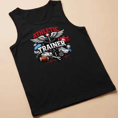 Vintage Athletic Trainer T-shirt featuring sports medicine symbols and equipment — printed on a tank top