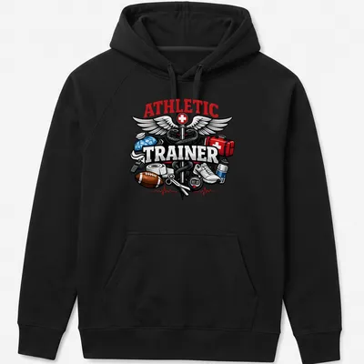 Vintage Athletic Trainer T-shirt featuring sports medicine symbols and equipment — printed on a unisex hoodie