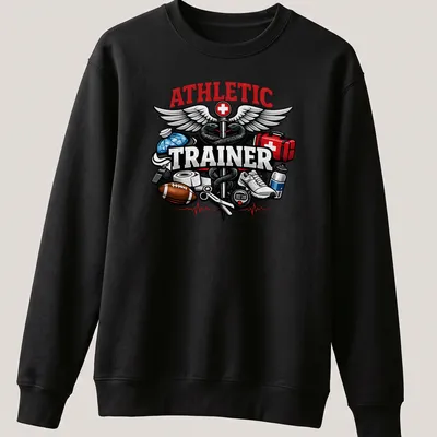 Vintage Athletic Trainer T-shirt featuring sports medicine symbols and equipment — printed on a unisex sweatshirt