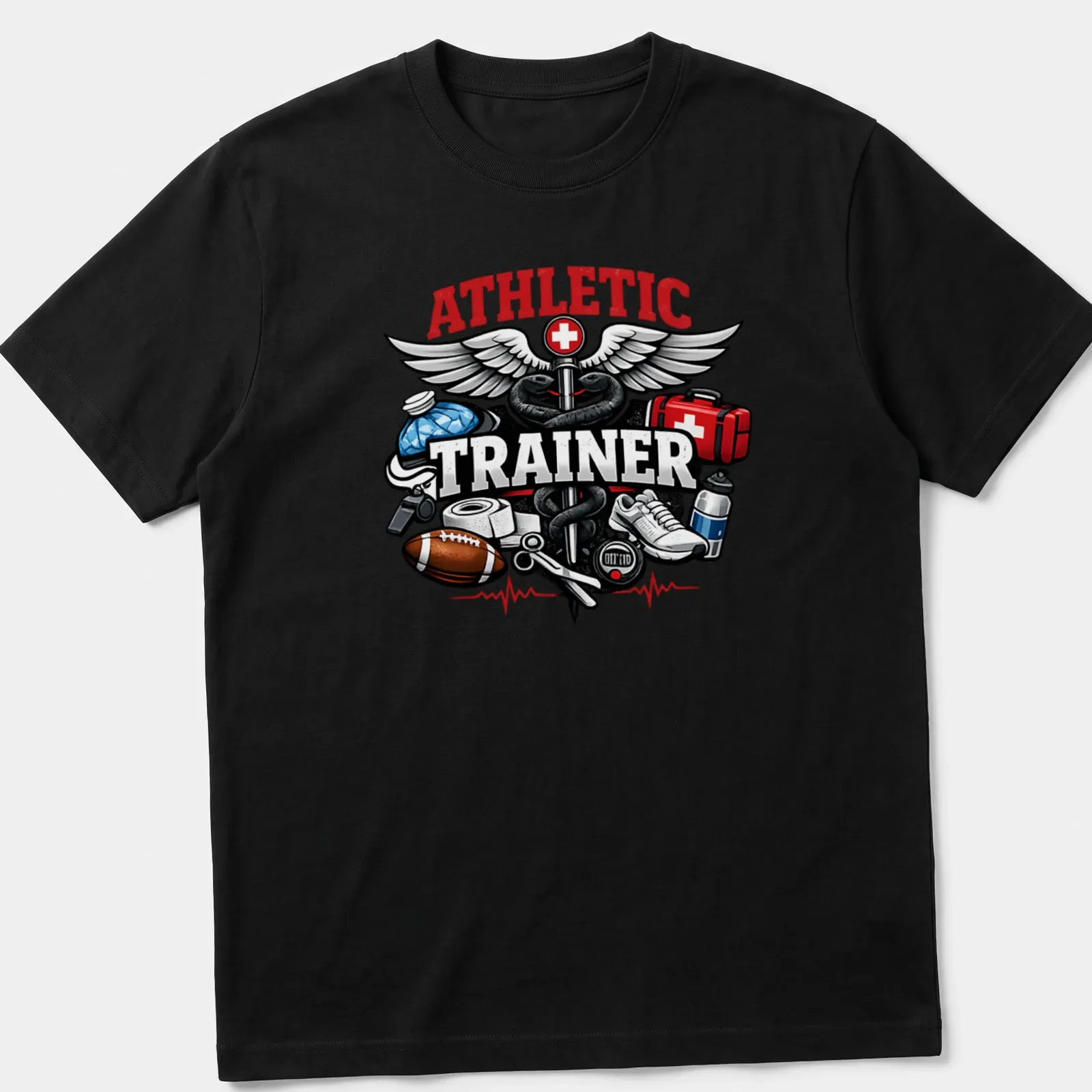 Vintage Athletic Trainer T-shirt featuring sports medicine symbols and equipment — printed on a unisex t-shirt