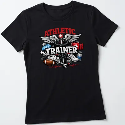 Vintage Athletic Trainer T-shirt featuring sports medicine symbols and equipment — printed on a women's shirt