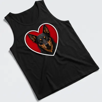 Realistic illustration of an Australian Kelpie dog in black, brown, and red shapes — printed on a tank top