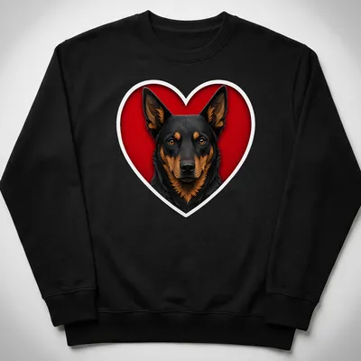 Realistic illustration of an Australian Kelpie dog in black, brown, and red shapes — printed on a unisex sweatshirt