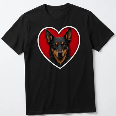 Realistic illustration of an Australian Kelpie dog in black, brown, and red shapes — printed on a unisex t-shirt