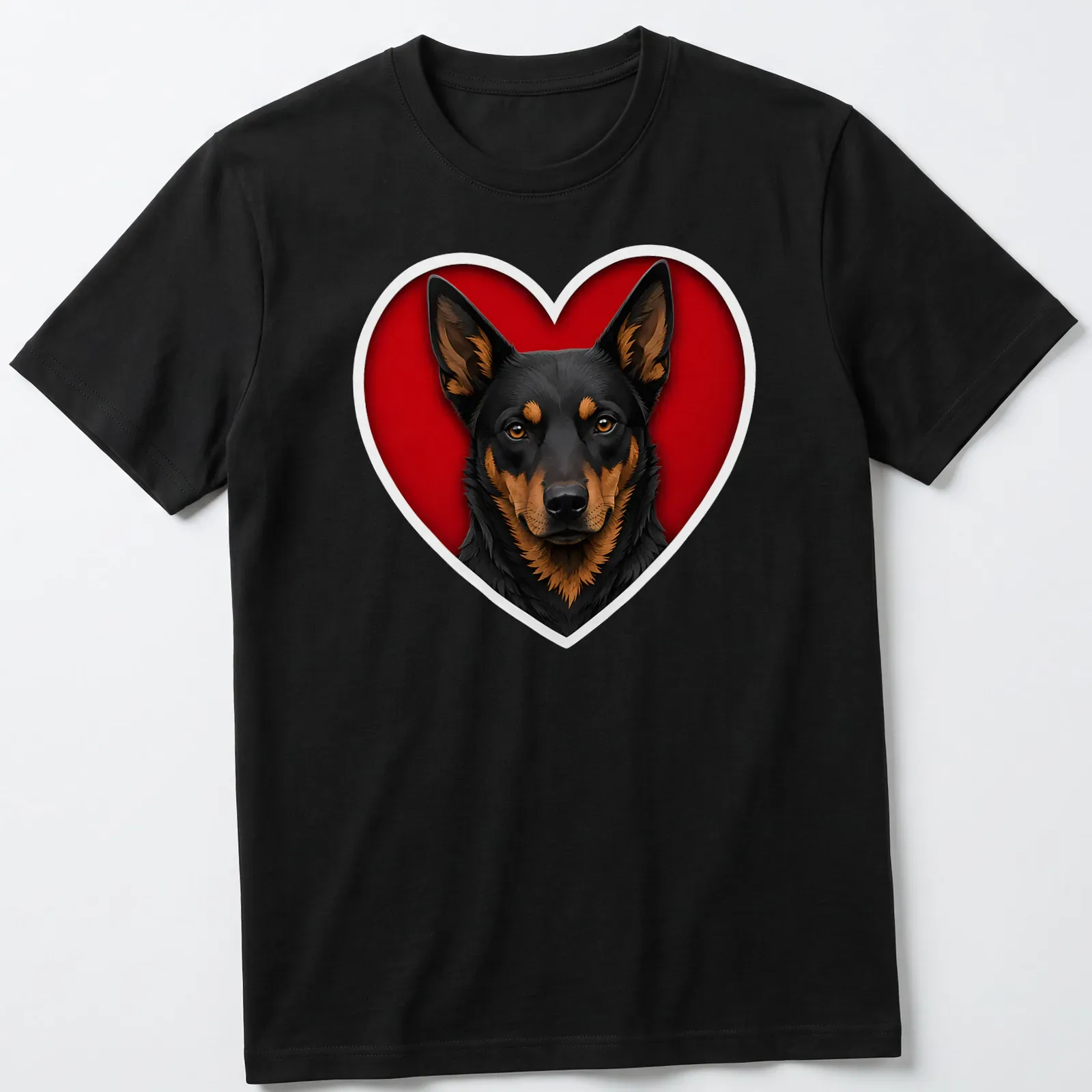 Realistic illustration of an Australian Kelpie dog in black, brown, and red shapes — printed on a unisex t-shirt