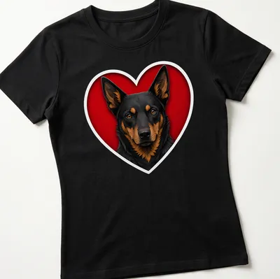 Realistic illustration of an Australian Kelpie dog in black, brown, and red shapes — printed on a women's shirt