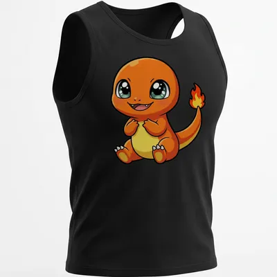 Kawaii Baby Charmander graphic t-shirt featuring bright orange and yellow colors. — printed on a tank top