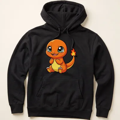Kawaii Baby Charmander graphic t-shirt featuring bright orange and yellow colors. — printed on a unisex hoodie
