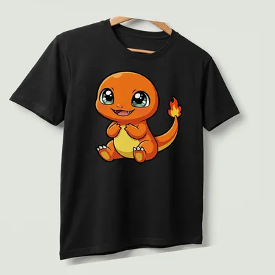 Kawaii Baby Charmander graphic t-shirt featuring bright orange and yellow colors. — printed on a unisex t-shirt (angled view)