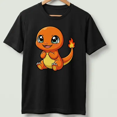 Kawaii Baby Charmander graphic t-shirt featuring bright orange and yellow colors. — printed on a unisex t-shirt