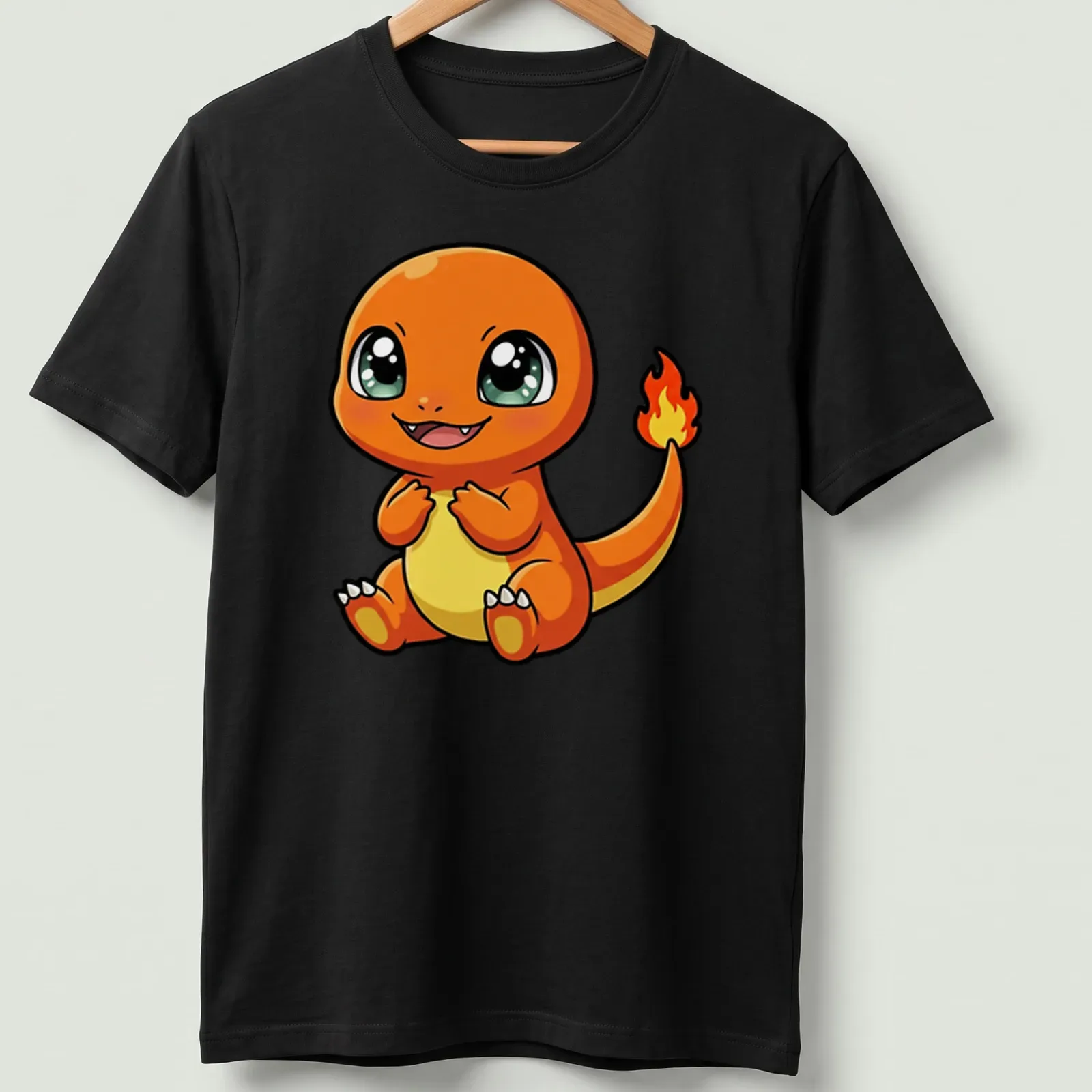 Kawaii Baby Charmander graphic t-shirt featuring bright orange and yellow colors. — printed on a unisex t-shirt