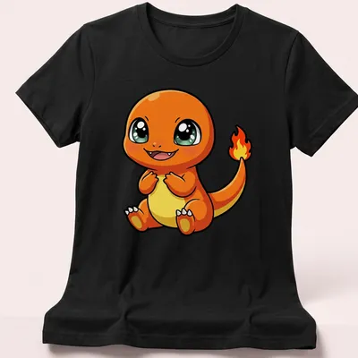 Kawaii Baby Charmander graphic t-shirt featuring bright orange and yellow colors. — printed on a women's shirt