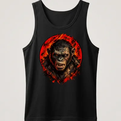 Realistic illustration of a fierce gorilla with the text 'Bad Ape' in bold lettering — printed on a tank top