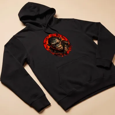 Realistic illustration of a fierce gorilla with the text 'Bad Ape' in bold lettering — printed on a unisex hoodie