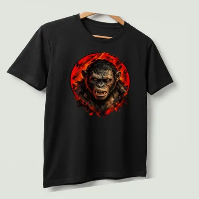 Realistic illustration of a fierce gorilla with the text 'Bad Ape' in bold lettering — printed on a unisex t-shirt (angled view)