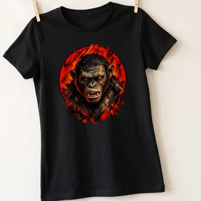 Realistic illustration of a fierce gorilla with the text 'Bad Ape' in bold lettering — printed on a women's shirt