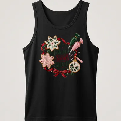 Festively illustrated Christmas cookies with text 'Baking Spirits Bright' in reds, greens, and golds. — printed on a tank top