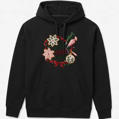 Festively illustrated Christmas cookies with text 'Baking Spirits Bright' in reds, greens, and golds. — printed on a unisex hoodie