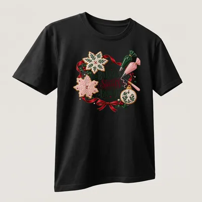 Festively illustrated Christmas cookies with text 'Baking Spirits Bright' in reds, greens, and golds. — printed on a unisex t-shirt (angled view)