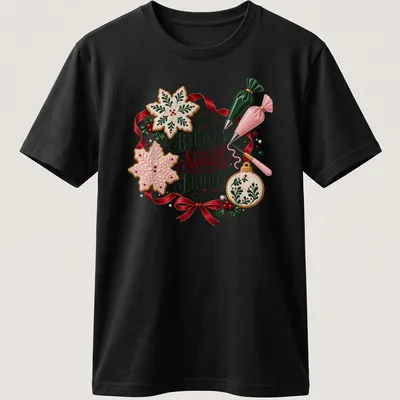 Festively illustrated Christmas cookies with text 'Baking Spirits Bright' in reds, greens, and golds.