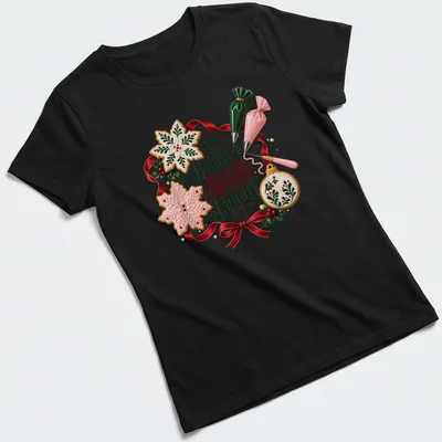 Festively illustrated Christmas cookies with text 'Baking Spirits Bright' in reds, greens, and golds. — printed on a women's shirt